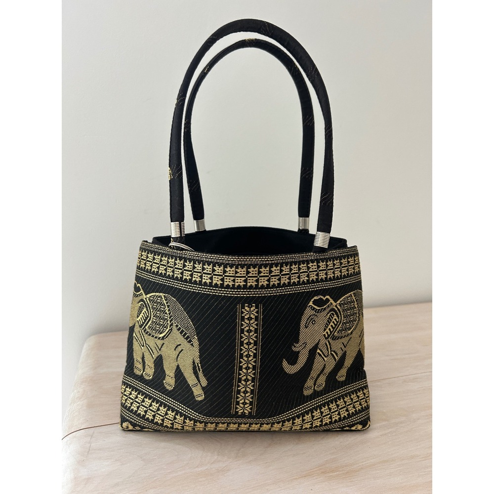 Thai Silk Elephant Handbag Gold Brocade Black Tote Triple Compartment Bag